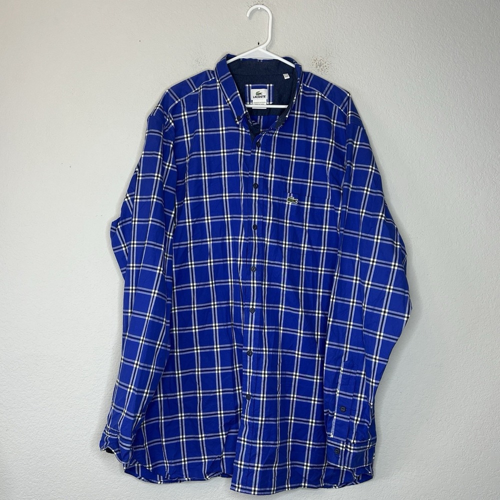 Lacoste Blue Plaid Long Sleeve Button Down Shirt Men's Size 2XLT Big & Tall 2XL